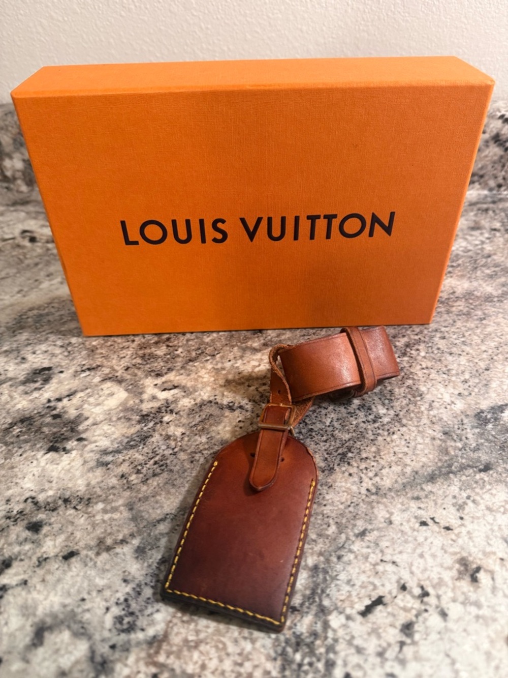 Louis Vuitton Brown Leather Luggage Tag with Yellow Stitching